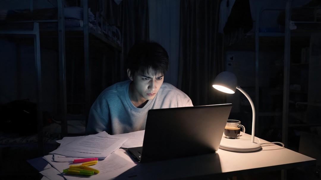 学生深夜在书桌前改论文