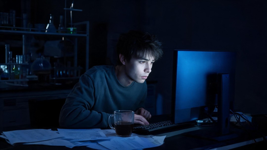 深夜在实验室对着电脑做数据分析